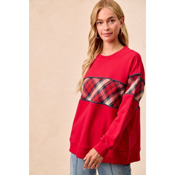 BIBI Red Black Christmas Plaid Block Sweatshirt with Binding NEW Medium - Picture 5 of 10